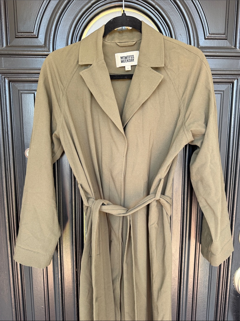 Weekday Olive Green Long Single-Breasted Trench Coat - Picture 3 of 4